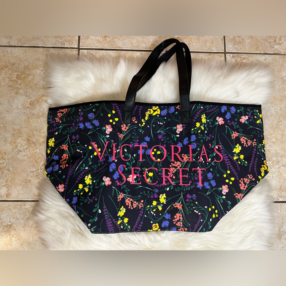 Victoria's Secret Black Tote with Colorful Floral Design